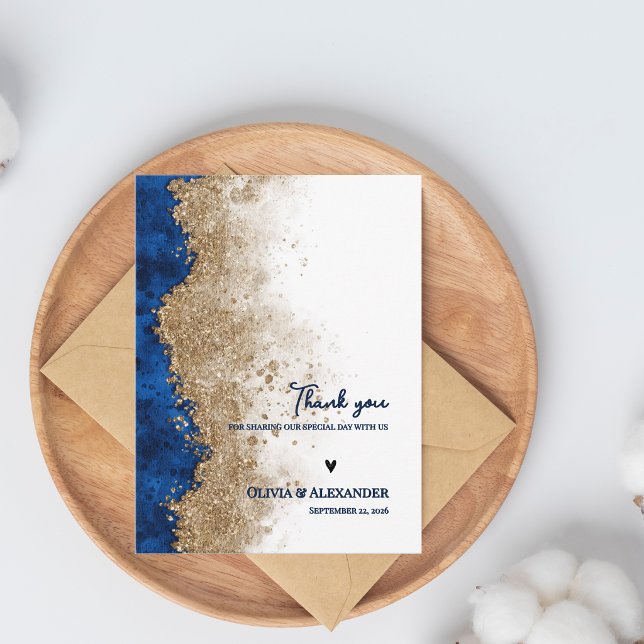 Kunglig Blå Guld Lyx Formellt Bröllop Tack Vykort (Royal Blue Gold Wedding Thank You Card | Elegant Navy Blue Gold Script Wedding Thank You Note)