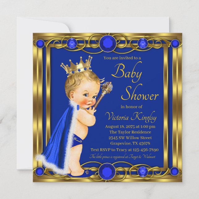 Kunglig blå guld prins baby shower inbjudningar (Framsida)