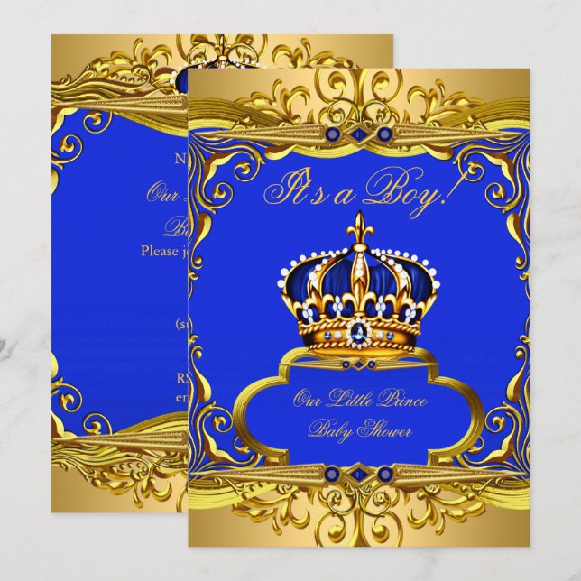 Kunglig blå guld prins krona baby shower pojke inbjudningar (Fram/baksida)