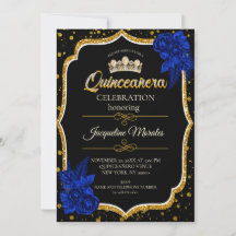 Kunglig blå-guld Quinceañera-inbjudan