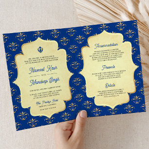 Kunglig blå guld utsmyckad Anand Karaj Sikh bröllo Inbjudan