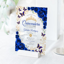 Kunglig blå guldblommig Quinceanera