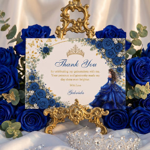 Kunglig blå gyllene fjärilar Quinceañera  Tack Kort