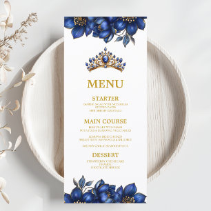 Kunglig blå gyllene tiara blomster Quinceañera Meny