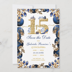 Kunglig blå gyllene tiara blomster Quinceañera Spara Datumet