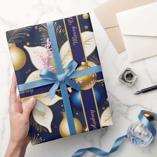 Kunglig blå julinpackningspapper med text presentpapper (Gifting)