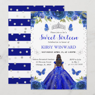 Kunglig Blå Klänning Mörk Hy Prinsessa Sweet 16 Inbjudningar