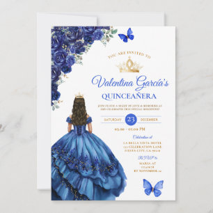 Kunglig blå klänning Quinceañera 15 år blommor gul Inbjudningar