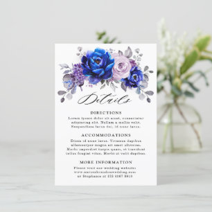 Kunglig blå lila lila blommande bröllopsdetaljer tilläggskort