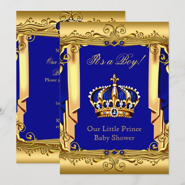 Kunglig blå marin guld krona baby shower inbjudningar (Fram/baksida)