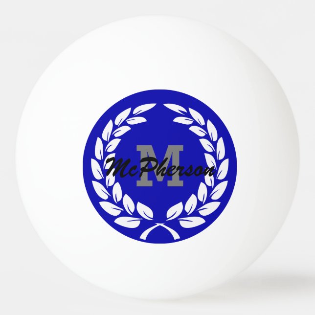 Kunglig blå med lagerkrans och monogram/namn pingisboll (Framsidan)