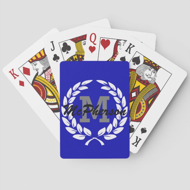 Kunglig blå med segerkrans och monogram/namn casinokort (Baksidan)