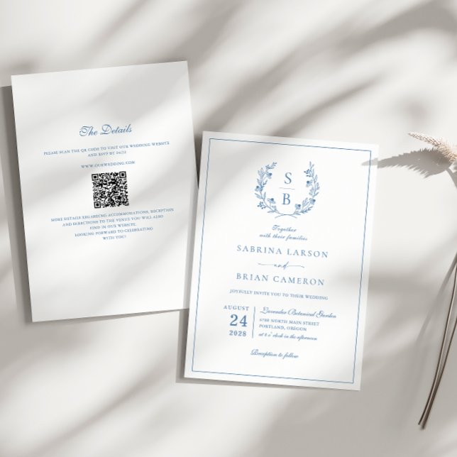 Kunglig blå monogramkrans QR-kod bröllop Inbjudningar (Skapare uppladdad)