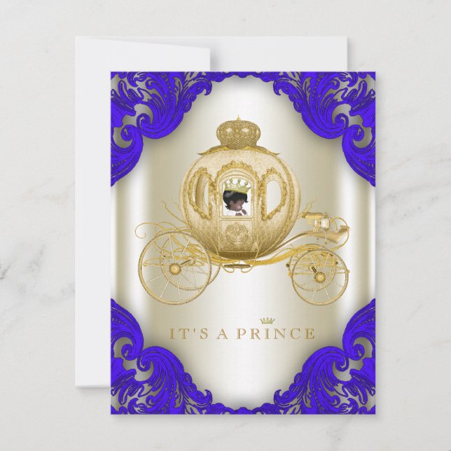 Kunglig blå och gul vagn prins baby shower inbjudningar (Framsida)