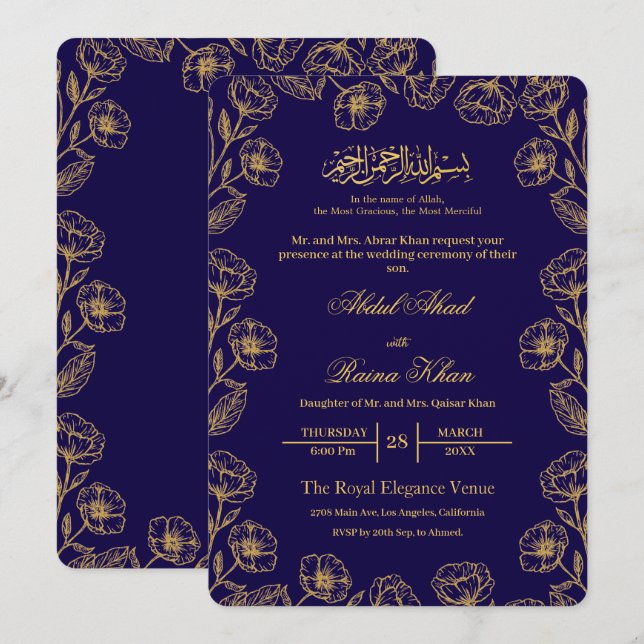 Kunglig Blå och Guld Blommig Islamisk Muslimsk Brö Inbjudningar (Fram/baksida)