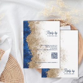 Kunglig blå och guld bröllops-RSVP med QR-kod OSA Kort