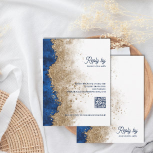 Kunglig blå och guld bröllops-RSVP med QR-kod OSA Kort