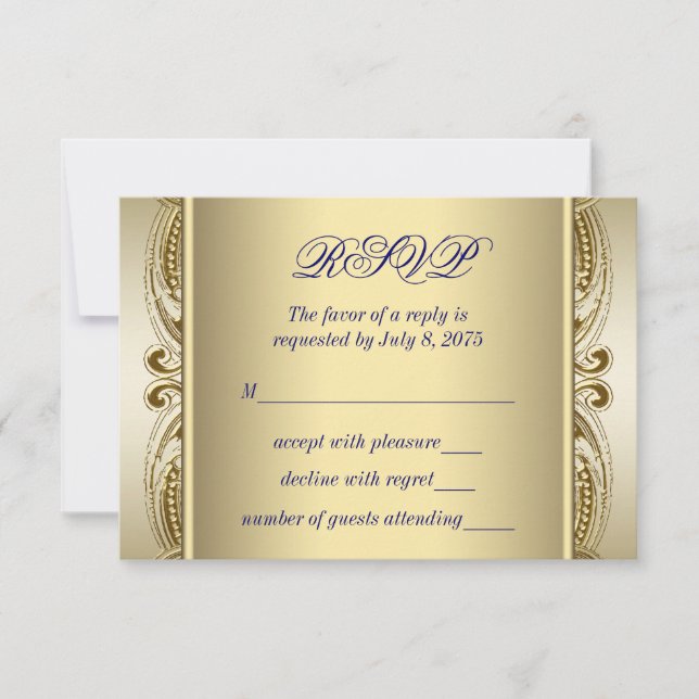 Kunglig blå och guld bröllops RSVP OSA Kort (Framsida)