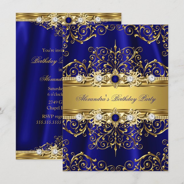 Kunglig blå och guld damast elegant födelsedagsfes inbjudningar (Fram/baksida)