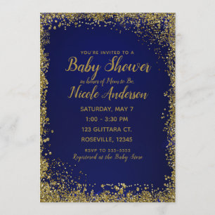 Kunglig blå och guld glitter glamour modern baby s inbjudningar