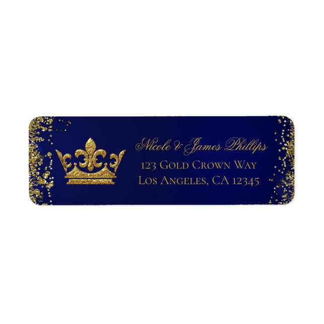 Kunglig blå och guld glitter krona bröllop födelse returadress etikett (Framsidan)