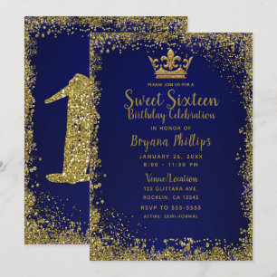 Kunglig blå och guld glitter krona Sweet 16-fest Inbjudningar