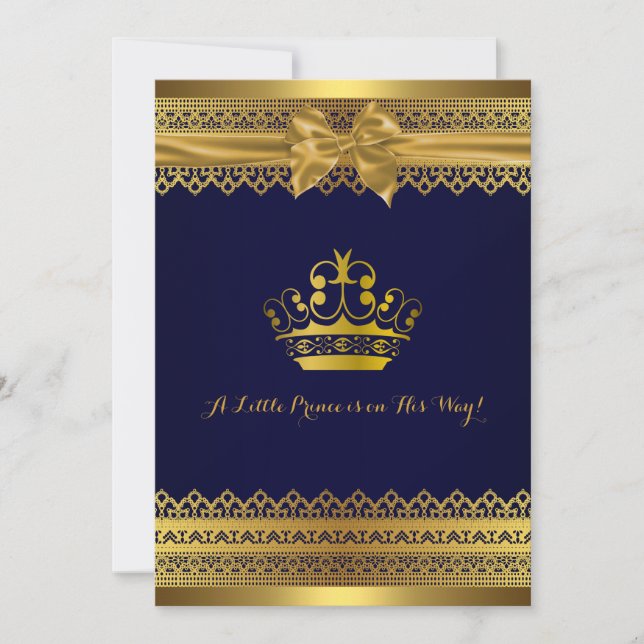 Kunglig blå och guld krona baby shower inbjudan (Framsida)