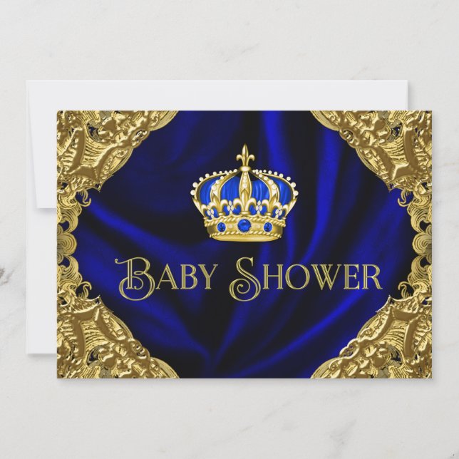 Kunglig blå och guld krona baby shower inbjudningar (Framsida)