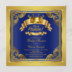 Kunglig blå och guld krona prins baby shower inbjudningar