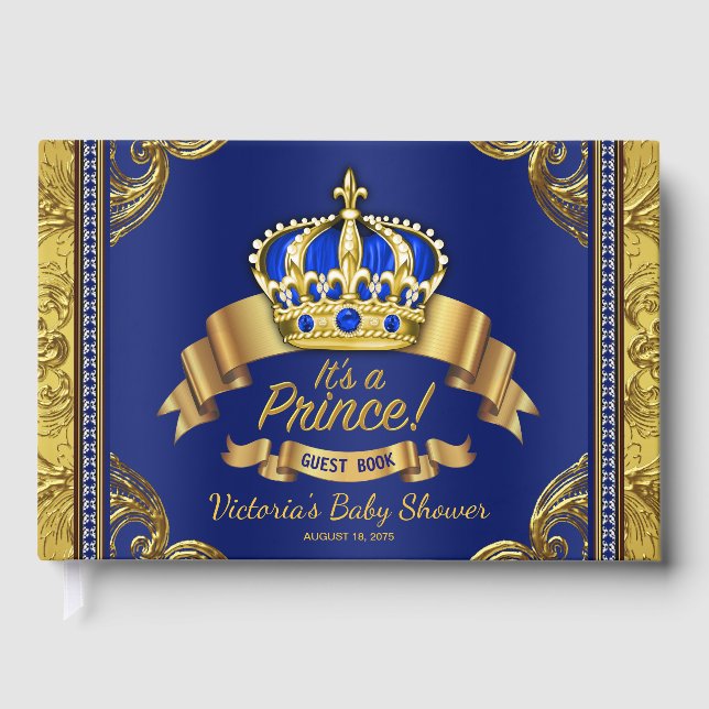 Kunglig blå och guld prins babykalas gästebok gästböcker (Framsida)