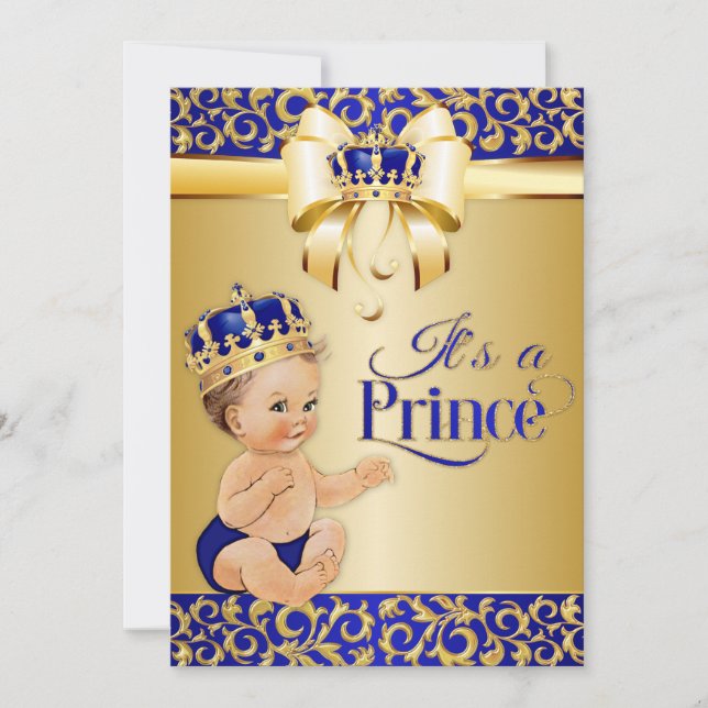 Kunglig blå och guld Prins Bebis Shower Krona Inbjudningar (Framsida)