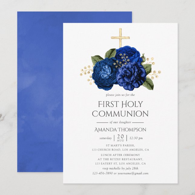 Kunglig blå och guldblommig första kommunion inbjudningar (Fram/baksida)