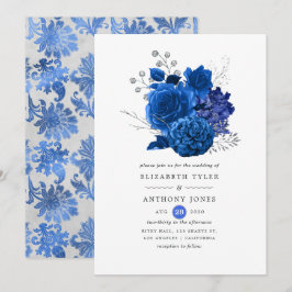 Kunglig blå och silver blommande bröllop inbjudningar