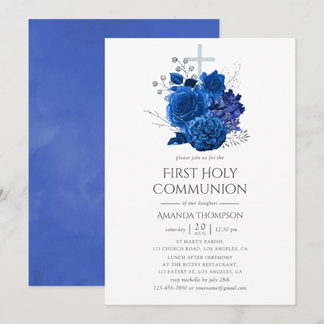 Kunglig blå och silver blomster Första kommunion Inbjudningar (Fram/baksida)