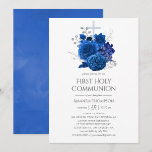 Kunglig blå och silver blomster Första kommunion Inbjudningar