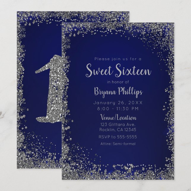 Kunglig blå och silver glitter Glam Sweet 16-fest Inbjudningar (Fram/baksida)