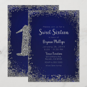 Kunglig blå och silver glitter Glam Sweet 16-fest Inbjudningar