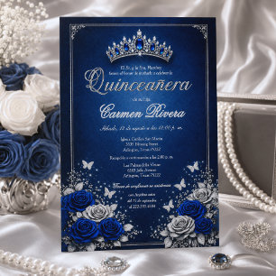Kunglig blå och silver krona spansk Quinceañera Inbjudningar