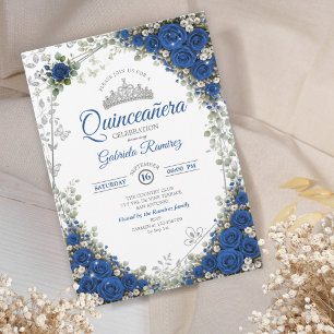 Kunglig blå och silver Quinceañera blå rosor Inbjudningar