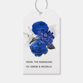 Kunglig blå och silverblommig presentetikett