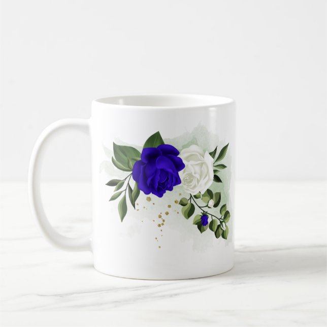kunglig blå och vita blommor grönska kaffemugg (Vänster)