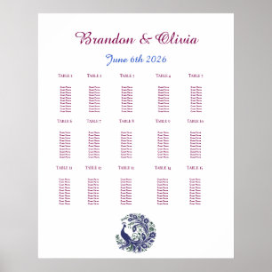 Kunglig blå påfågel bröllopsplatskarta poster