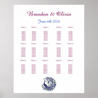 Kunglig blå påfågel bröllopsplatskarta poster