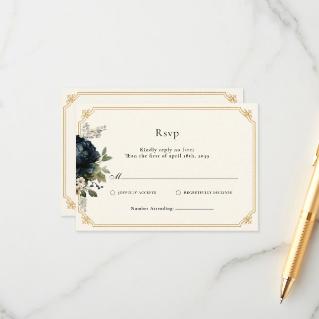 Kunglig Blå Peony Bröllop med Guld Ram RSVP Tilläggskort (Fram/Back In Situ)