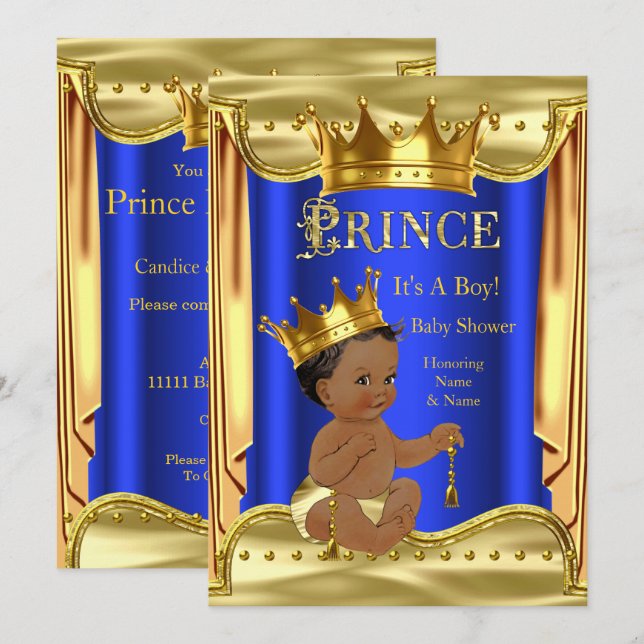 Kunglig blå prins baby shower guld etnisk inbjudningar (Fram/baksida)