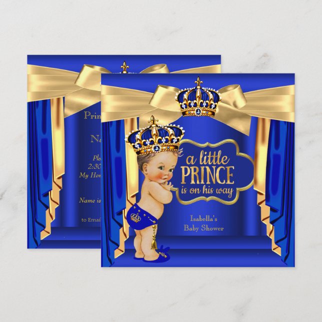 Kunglig blå prins baby shower guld kron mörkhårig inbjudningar (Fram/baksida)