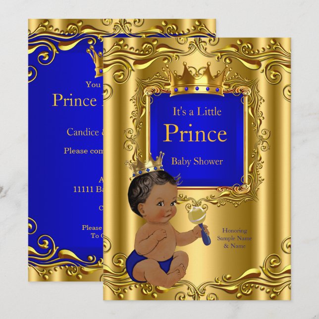 Kunglig blå prins baby shower guld krona etnisk inbjudningar (Fram/baksida)