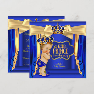 Kunglig blå prins bebis firande guld krona blond inbjudningar