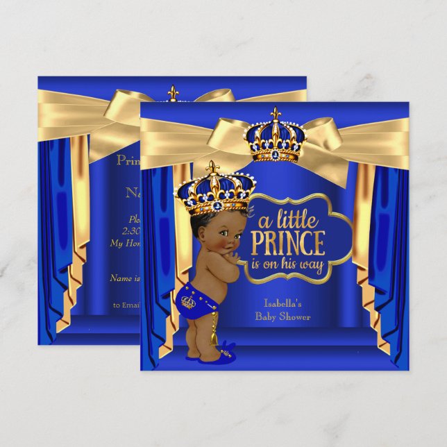 Kunglig blå prins bebis firande guld krona etnisk inbjudningar (Fram/baksida)