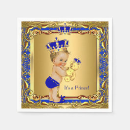 Kunglig blå prins guld krona baby shower blond pappersservett